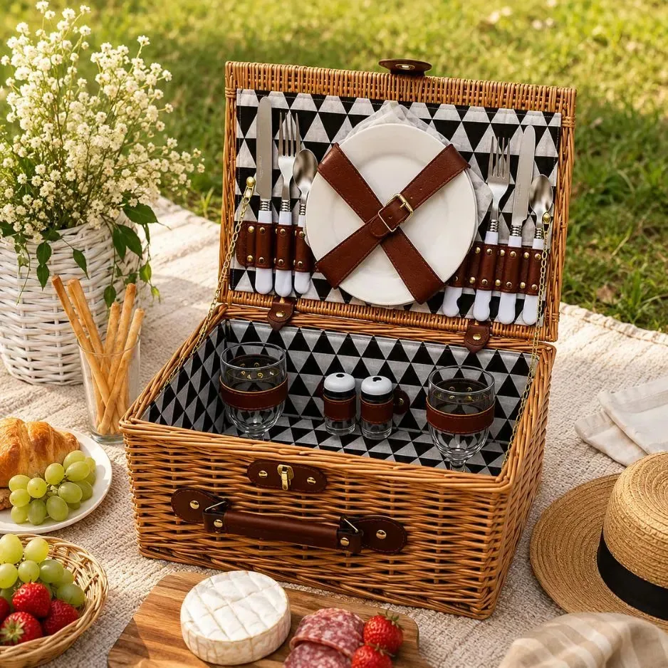 Cesta De Piquenique Luxo Completa Em Vime 40x30cm