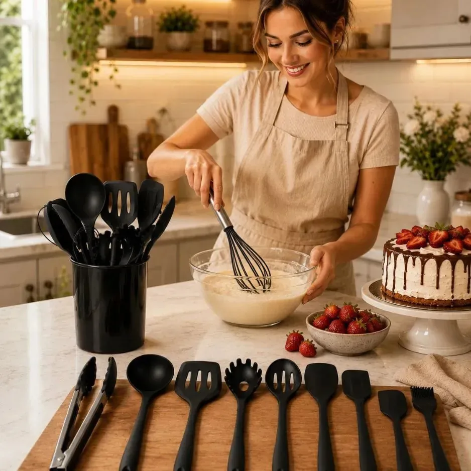 Kit 10 Utensílios De Silicone P/ Cozinha C/ Suporte Preto