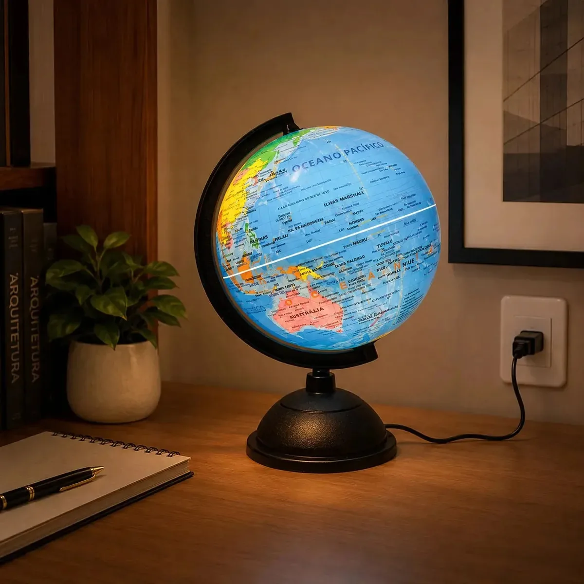 Globo Terrestre 21cm Com Luz Led Decorativo E Educativo
