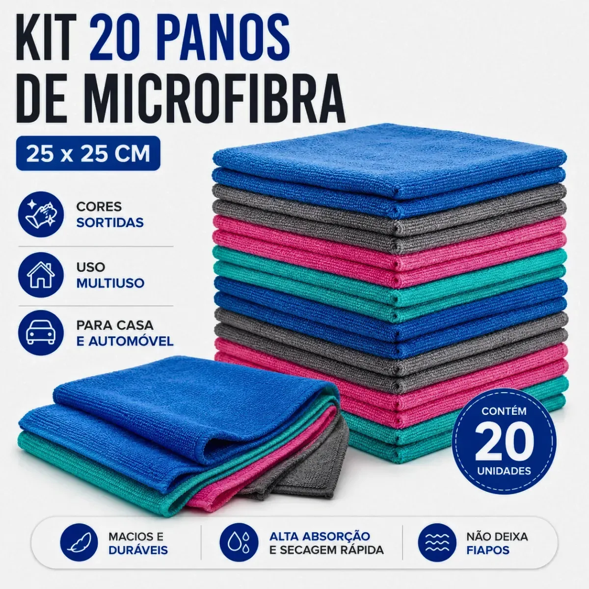 Kit 20 Panos Microfibra 25x25cm Limpeza Multiuso Casa Carro