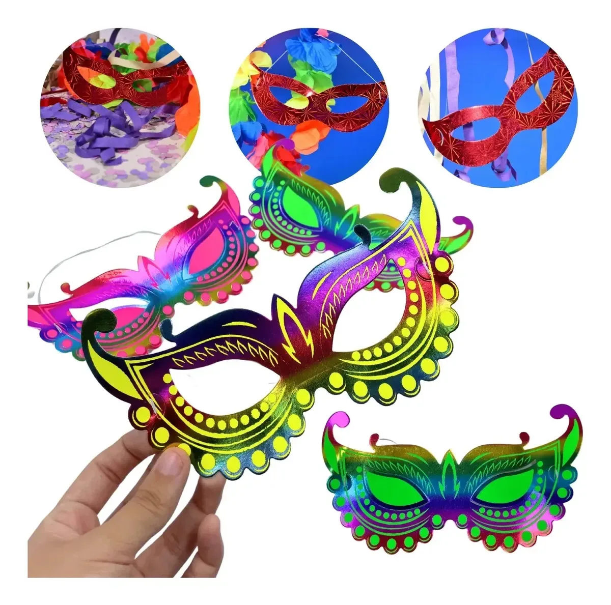 12 Mascaras Papel Laminado Colorida Elástico Carnaval Folia Sortido Máscara