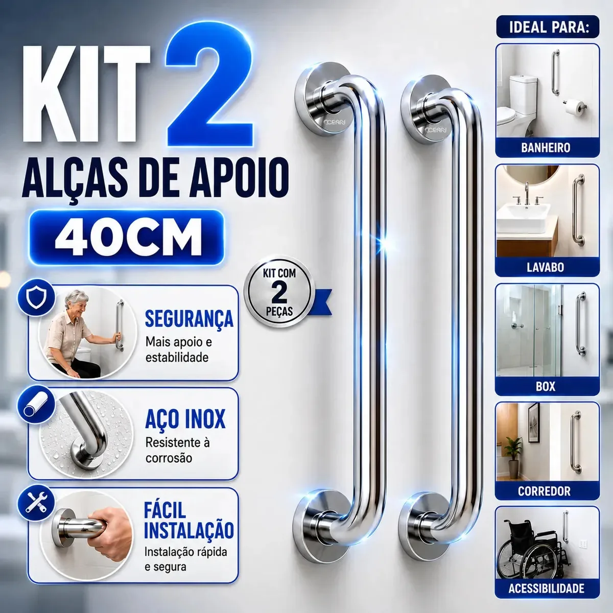 Barra de Apoio Reta 40cm Aco Inox 304 Polido para Banheiro Alca de Seguranca e Acessibilidade Idoso Deficiente PCD Corrimao Antiderrapante Prateado Nautilus Ocean
