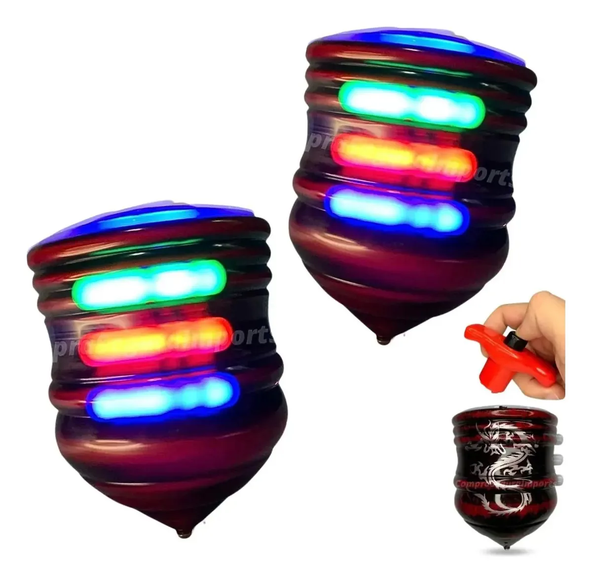Brinquedo Pião Musical Com Luz E Laser Kit Com 2 Piões Led