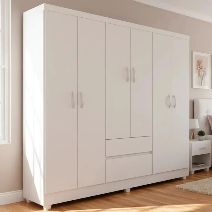 Guarda Roupas Solteiro Branco E Rosa 6 Portas 2 Gavetas Branco E Rosa