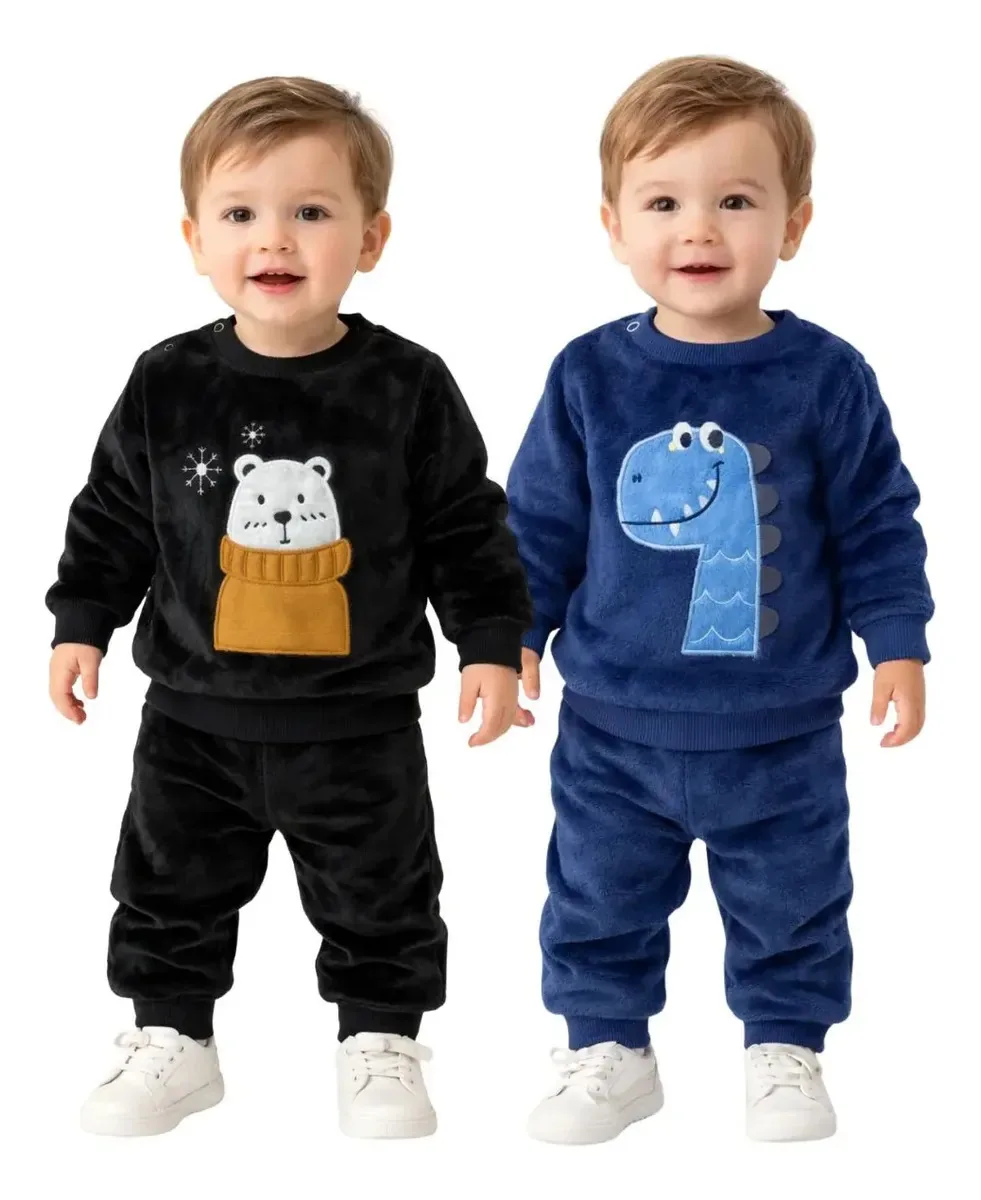 Kit 2 Conjuntos Fleece Inverno Infantil Bebê P/ Frio Cor Azul 28 + Preto 01