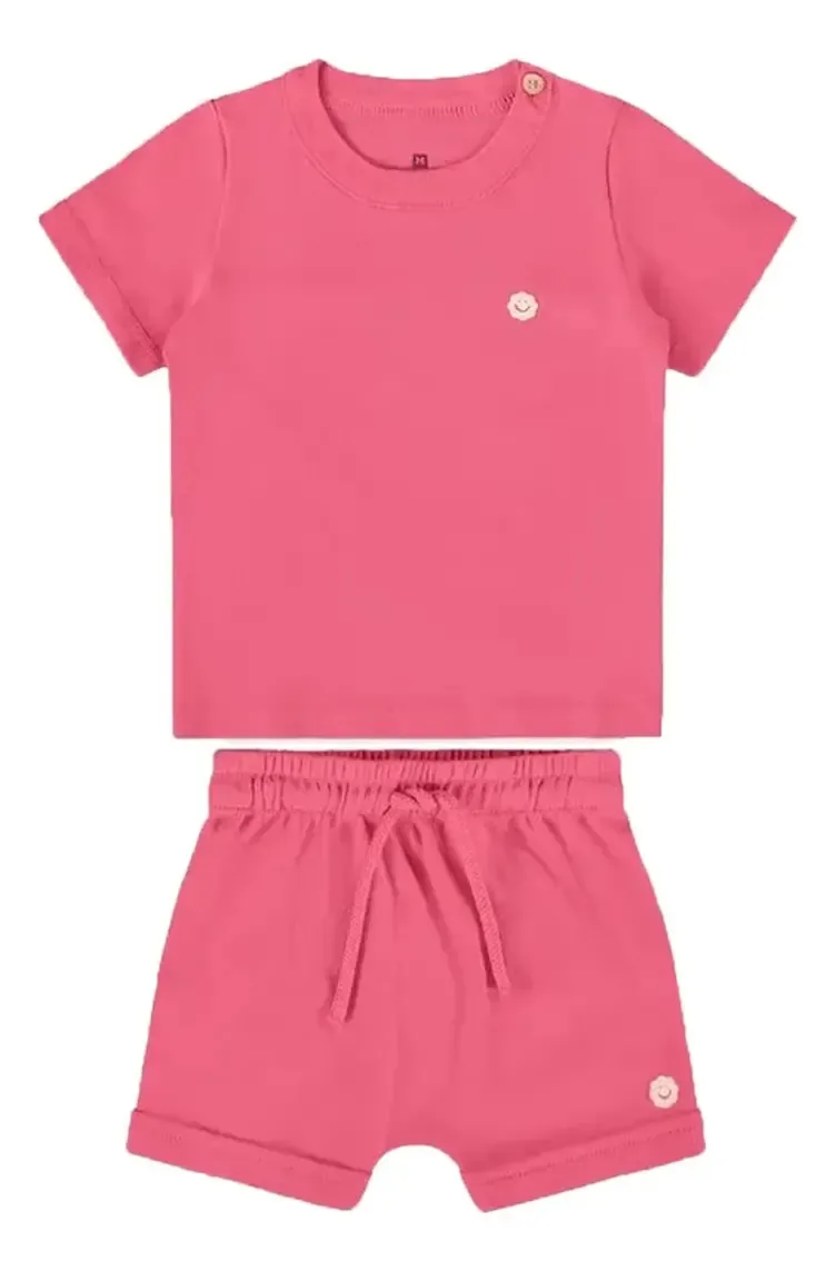 Conjunto Malwee Blusa Shorts Ribana Algodão Rosa Azul Tamanho M