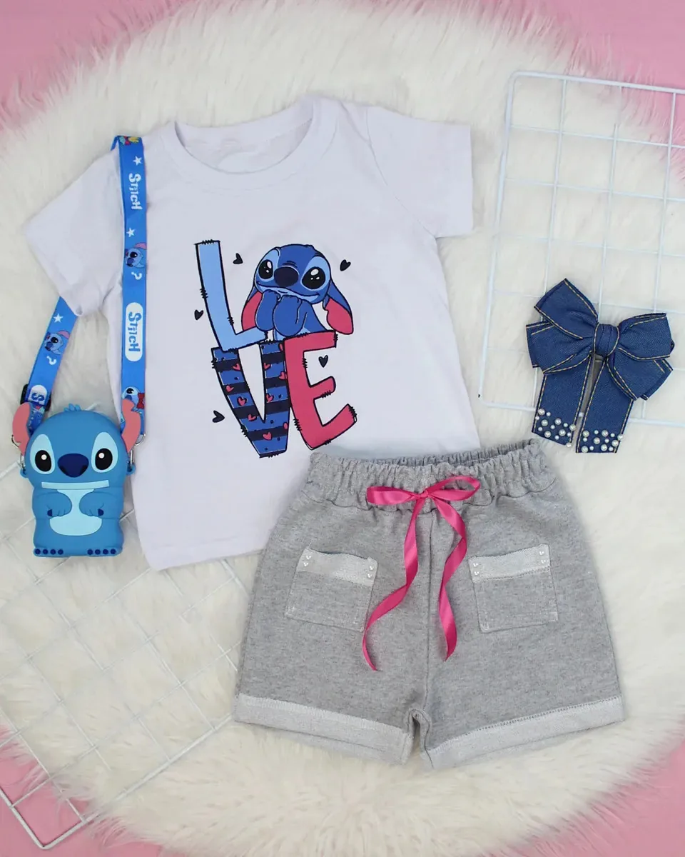 Conjunto Verão Infantil Menina Short + Blusinha Cor Branco - shorts cinza