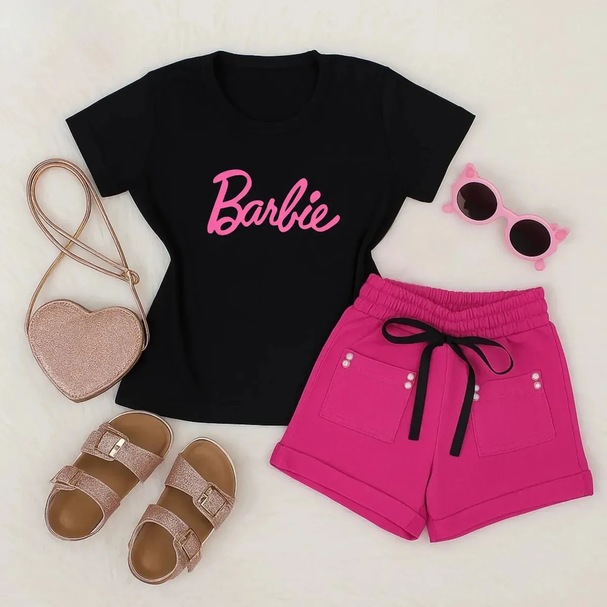 Conjunto Roupas Verão Meninas Infantil Estilosas Blogueiras Cor Preto - Shorts Pink