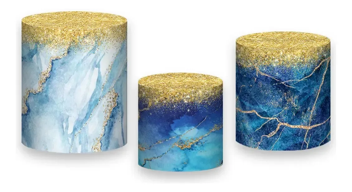 Trio De Capas De Cilindro 3d -efeito Mármore Tons De Azul 21 Colorido