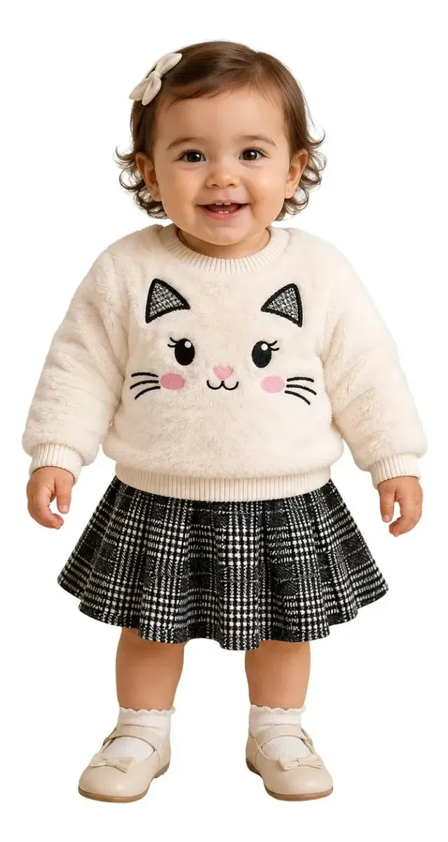 Conjunto Bebê Menina Roupa Quente Para Dias Frios Off White 1