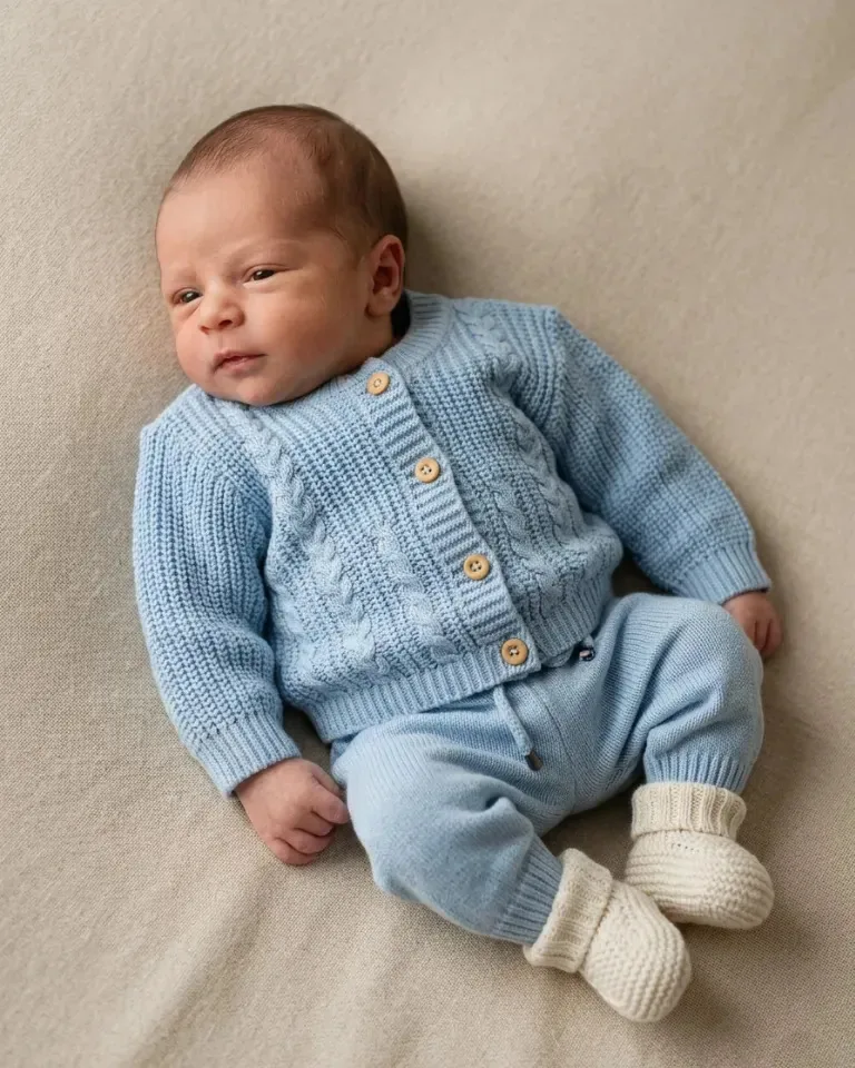 Conjunto Bebê Tricot Casaco Com Botões E Calça Cordão Azul-claro G