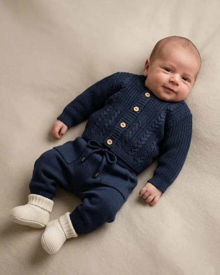 Conjunto Bebê Menino Tricot Casaco Com Botões E Calça Cordão Azul-marinho M