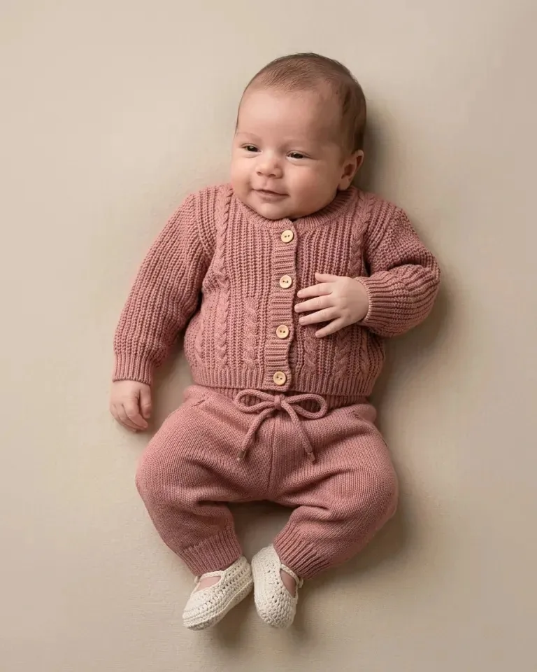 Conjunto Bebê Tricot Casaco Com Botões E Calça Cordão Rose P