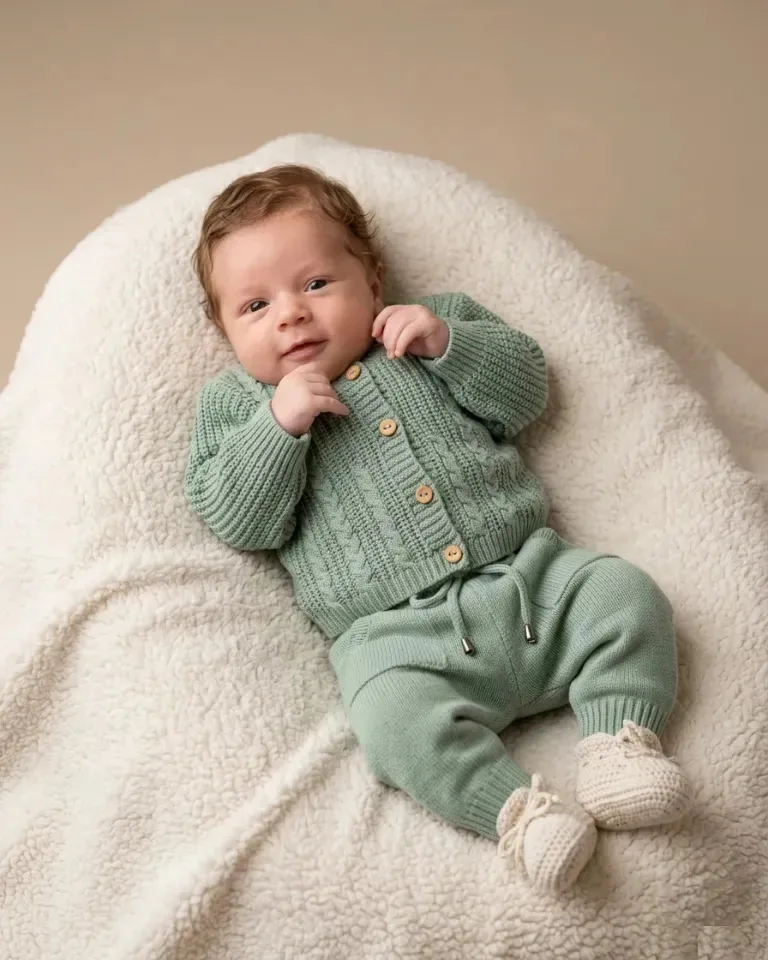 Conjunto Bebê Tricot Casaco Com Botões E Calça Cordão Verde M