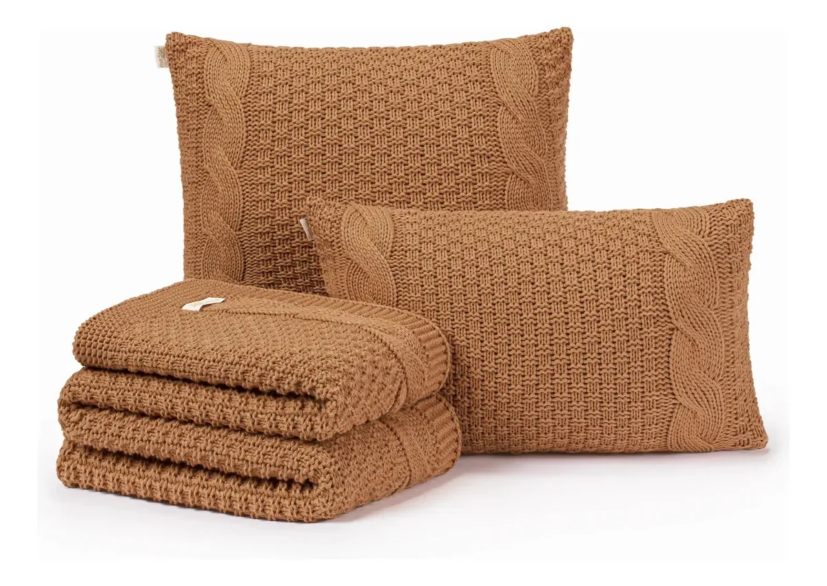Kit Manta Sofa Cama Solteiro 150x70 + 2 Capas 50x50 Toronto Cor Cobre Desenho Tranças