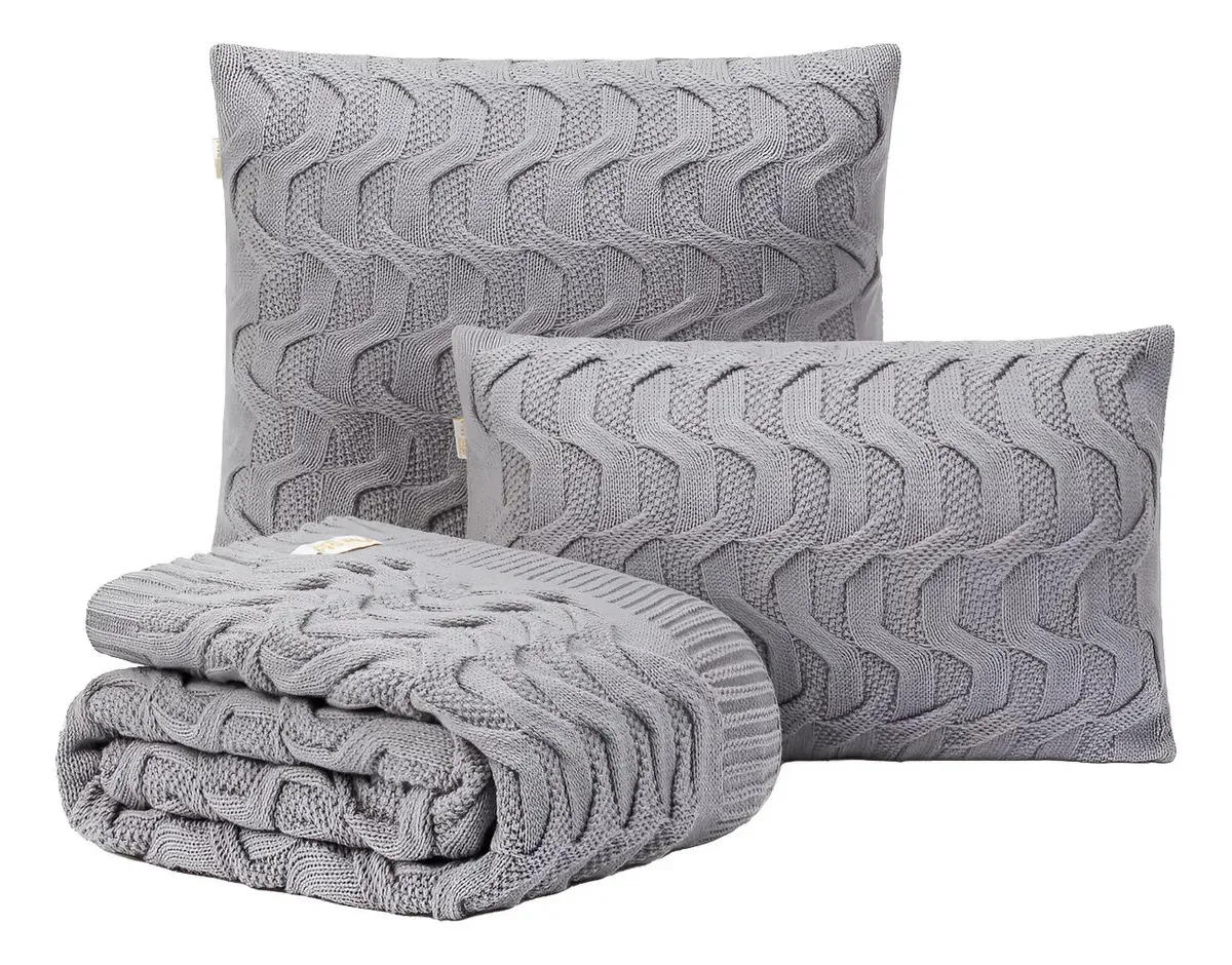 Kit Manta Sofa 150x70 + 2 Capas De Almofada 45x45 Maldivas Cor Cinza Desenho Tranças