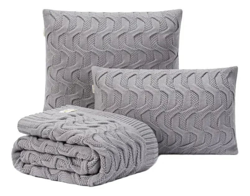 Kit Manta Sofa 180x70 + 2 Capas De Almofada 50x50 Maldivas Cor Cinza Desenho Tranças
