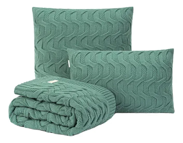 Kit Manta Sofa Cama Casal + 2 Capa Almofada 50x30 Maldivas Cor Oliva Desenho Tranças