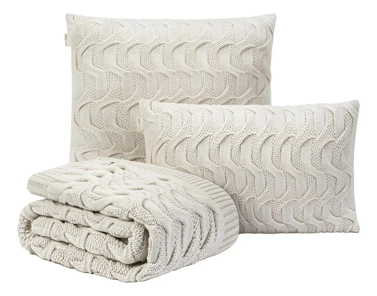 Kit Manta Sofa 260x70 + 2 Capas De Almofada 45x45 Maldivas Cor Bege Desenho Tranças