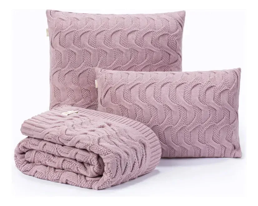 Kit Manta Sofa Peseira King 260x70 + 2 Capas 60x40 Maldivas Cor Rose Desenho Tranças