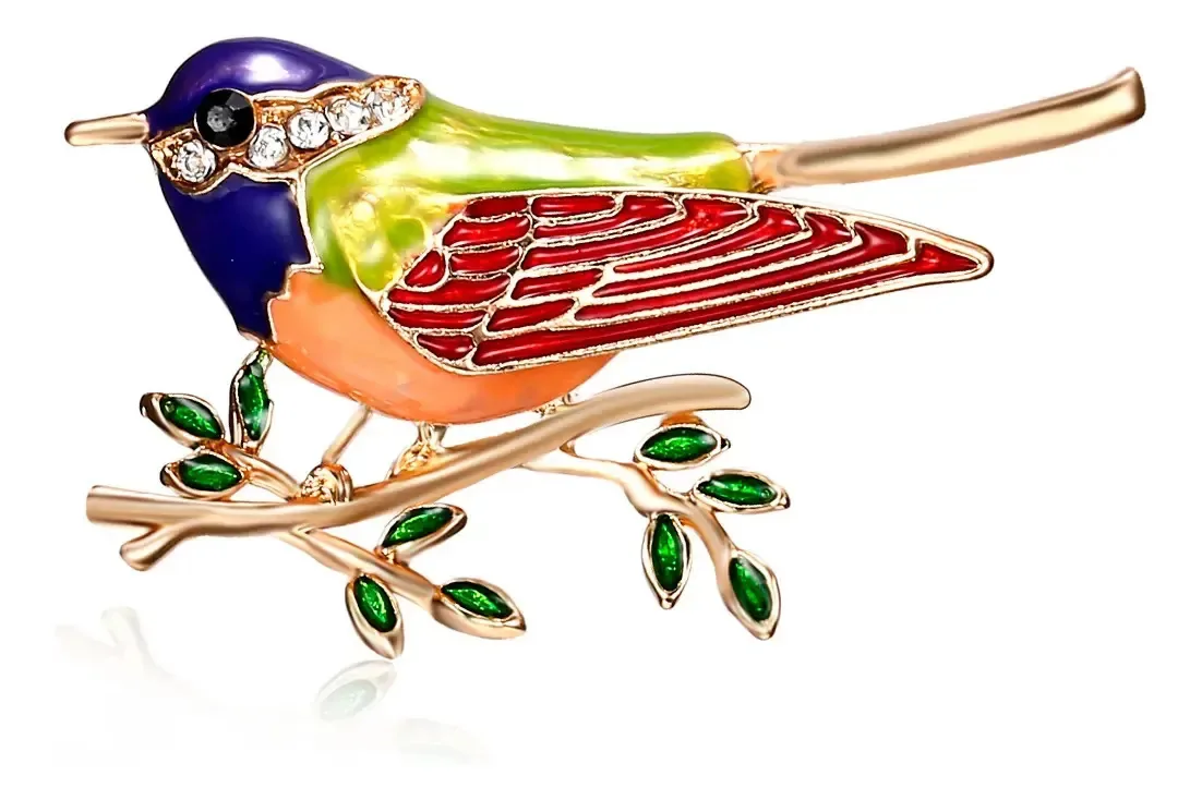 Broche Botão Artesanal Strass Passarinho Delicado Resina Dourado