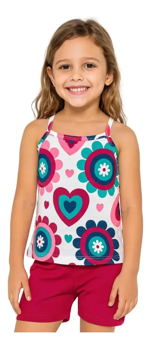 Conjunto Infantil Kyly de Blusa e Shorts Estampado com Corações e Flores Pink Tamanho 8