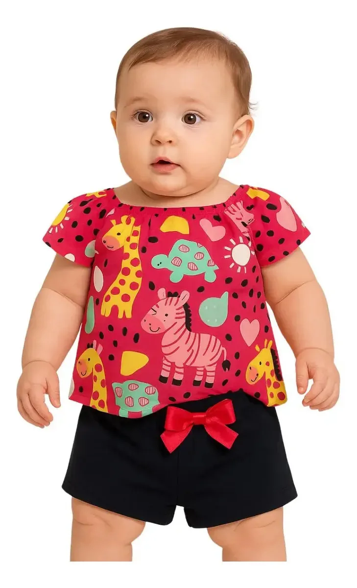 Conjunto Bebê Menina Blusa E Shorts Algodão Kyly Cor Rosa Tamanho P