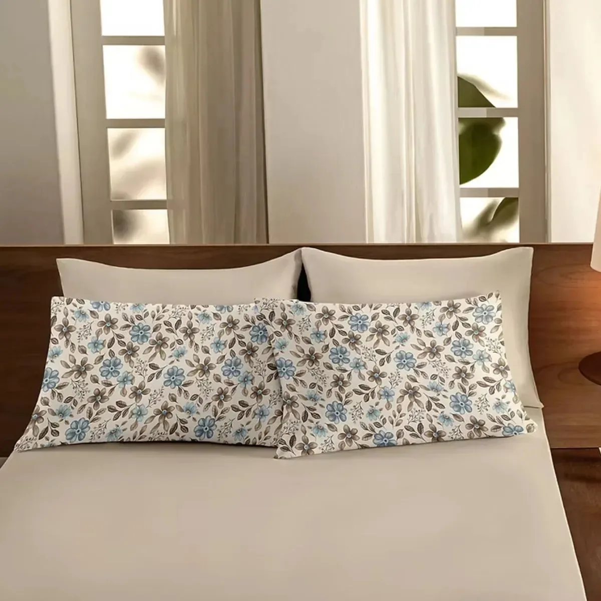 Jogo Cama Casal 3 Peças Malha 100% Algodão Elástico Macio Bege Floral