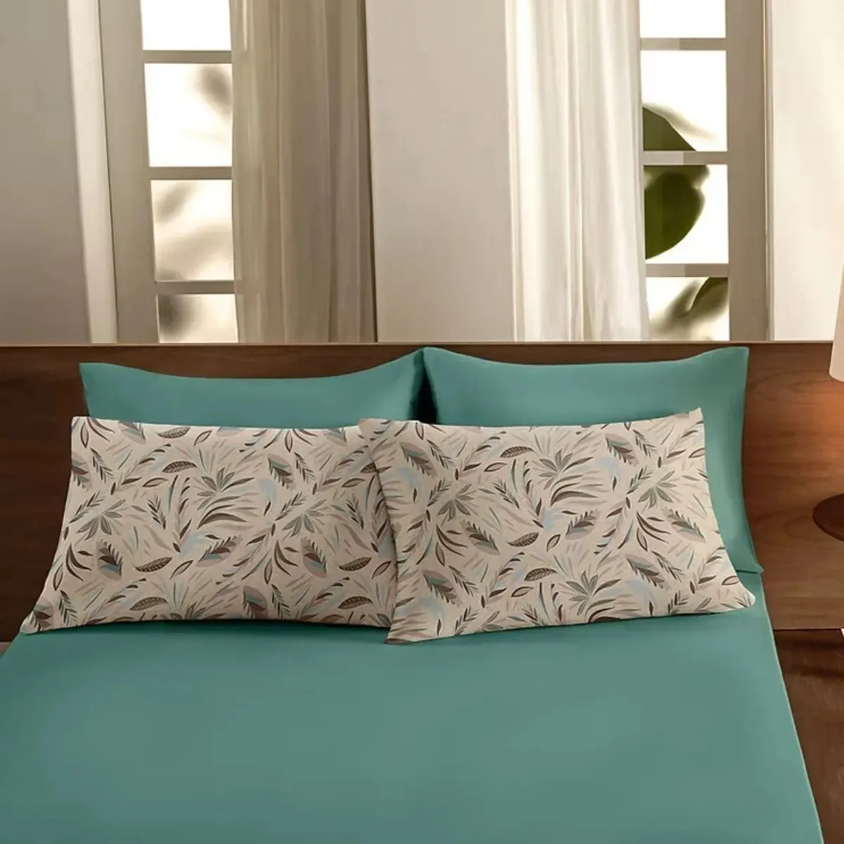 Jogo Cama Casal 3 Peças Malha 100% Algodão Elástico Macio Verde Folhagem