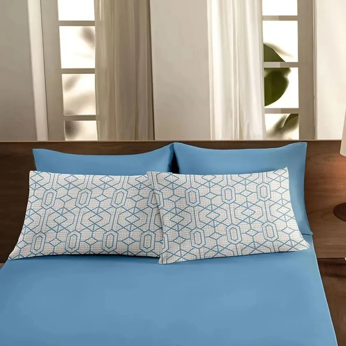 Jogo Cama Casal 3 Peças Malha 100% Algodão Elástico Macio Azul Geométrico