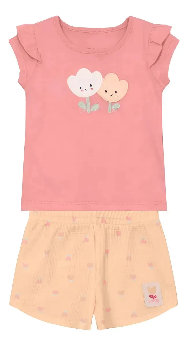 Roupa Bebê Menina Infantil Conjunto Blusa E Shorts Brandili Rosa M