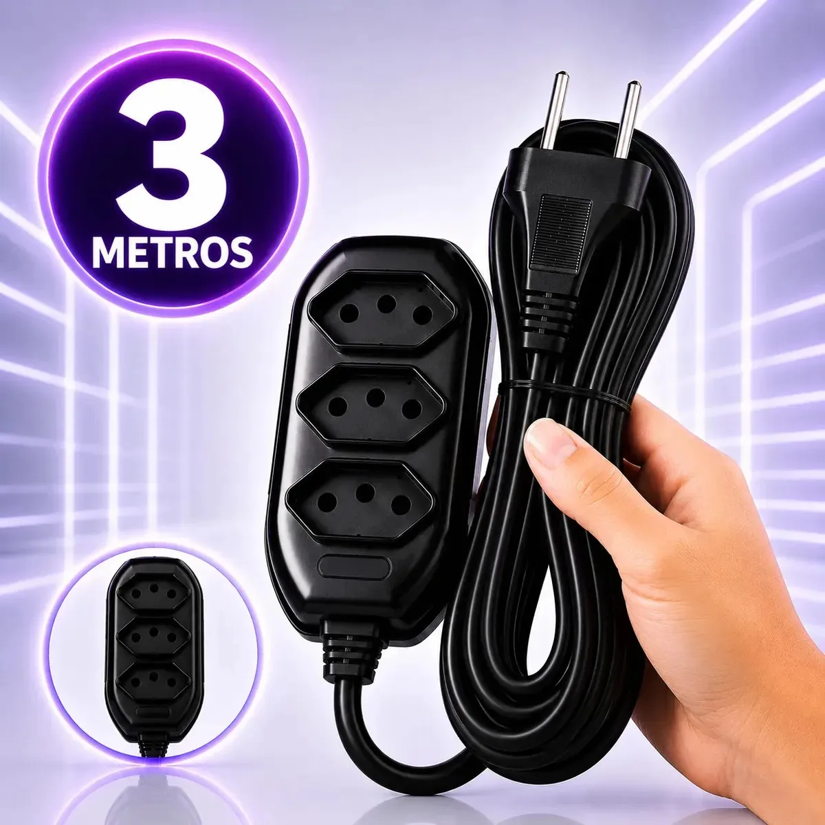 Extensão Elétrica 3 Metros Preto 3 Tomada Tripolar Bivolt 20vinte