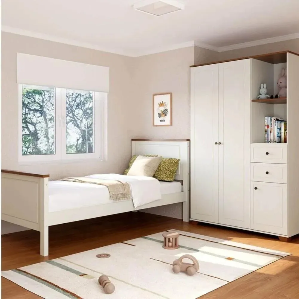 Quarto Juvenil Funcional Cama Solteiro E Guarda Roupa Ananda Off White/mel