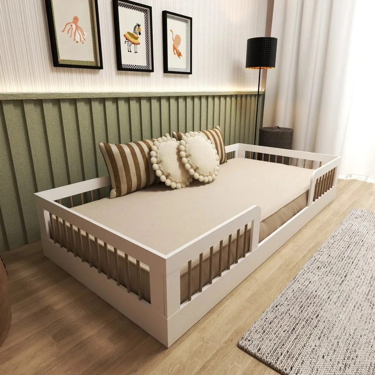 Cama Infantil Montessoriana Solteiro Com Grades Em Ci Branco