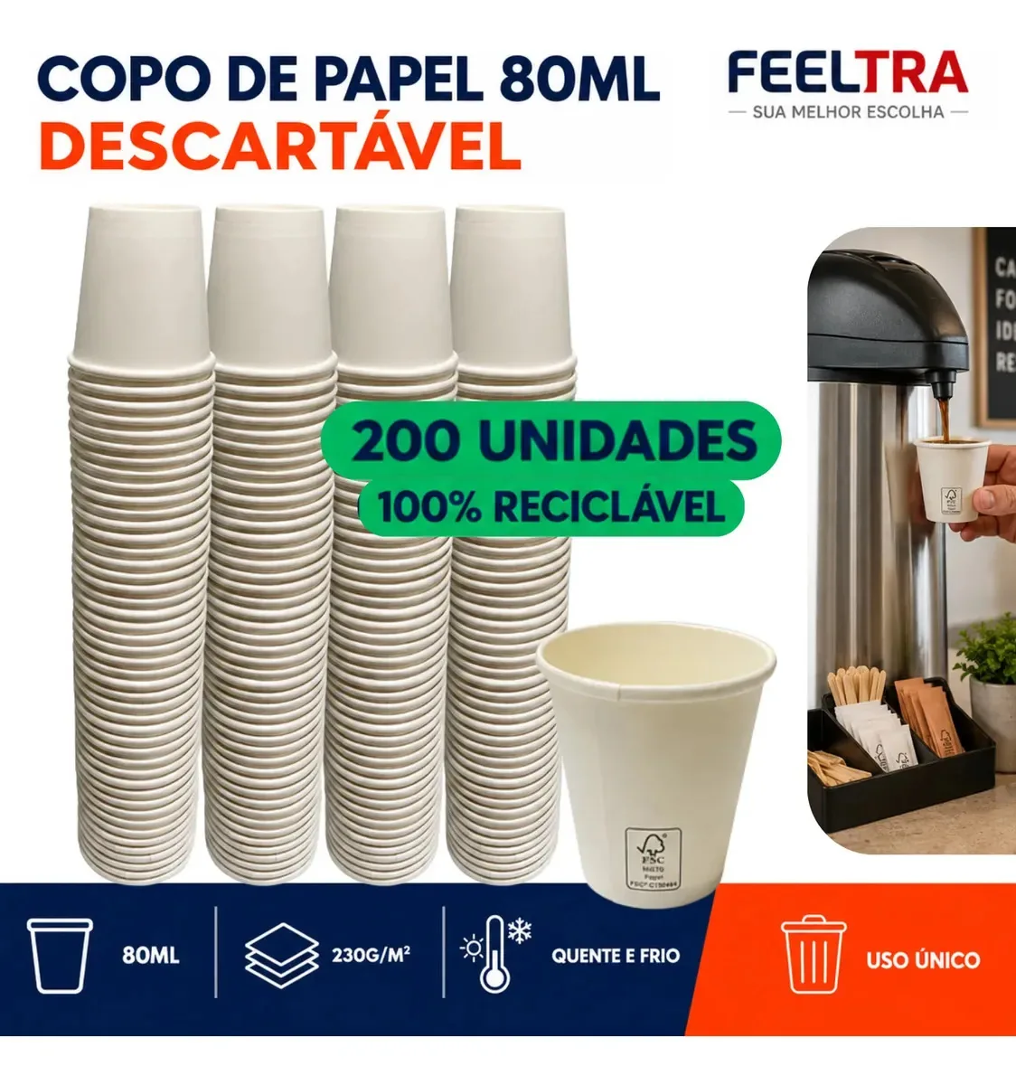 Kit 200 Copo De Papel Branco Descartável Resistente 80ml Café Espresso Curto Vending Machine Bebida Quente Fria Escritório Cafeteria Festa Evento copinho Degustação Recepção Restaurante FEELTRA