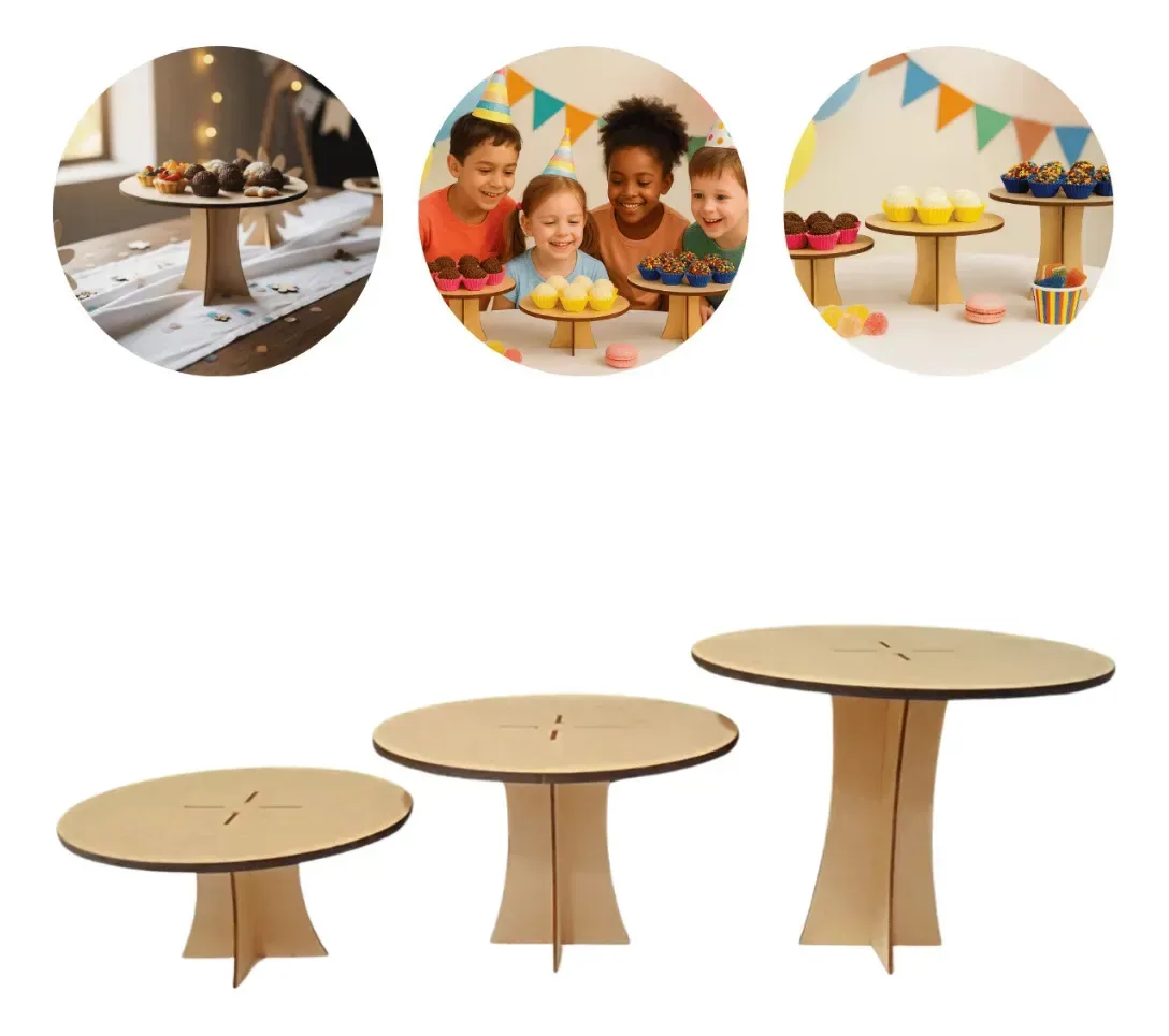 Kit 4 Bandejas Redondas de Madeira para Bolo Gourmet e Doces em MDF