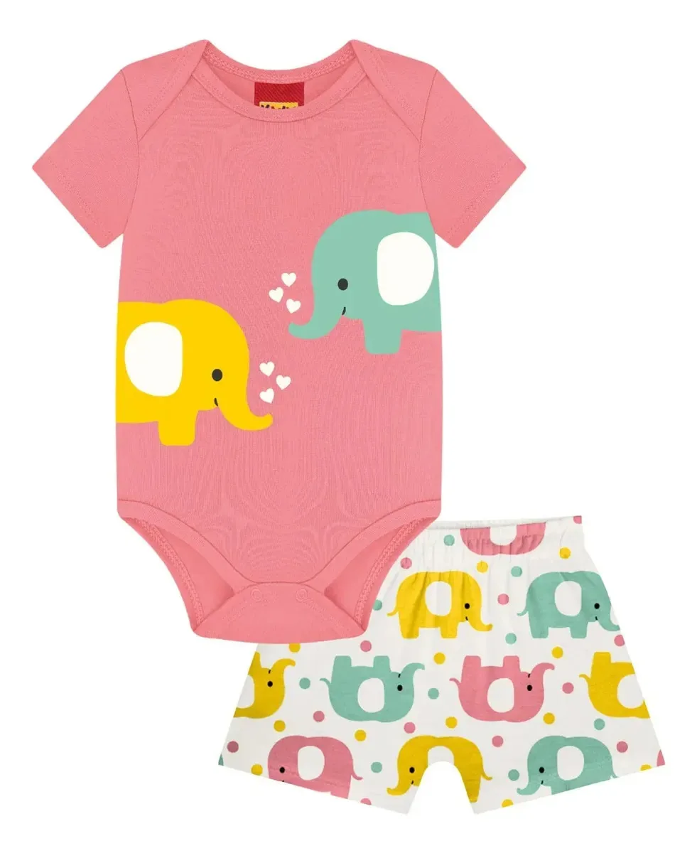 Conjunto Bebe Menina Kyly Verão Infantil Body E Shorts Macio Rosa G