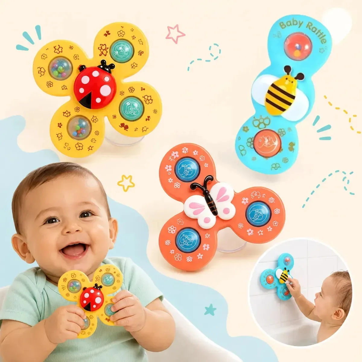 Kit 3 Spinner Brinquedo Bebê Gira C/ Ventosa Sensorial Banho