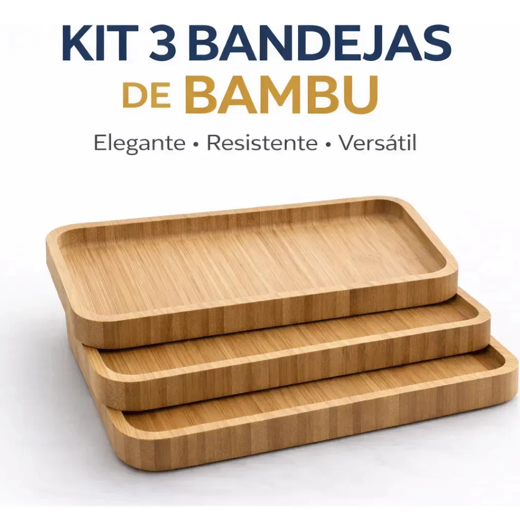 Kit com 3 Bandejas de Servir Retangulares em Bambu Para Cozinha