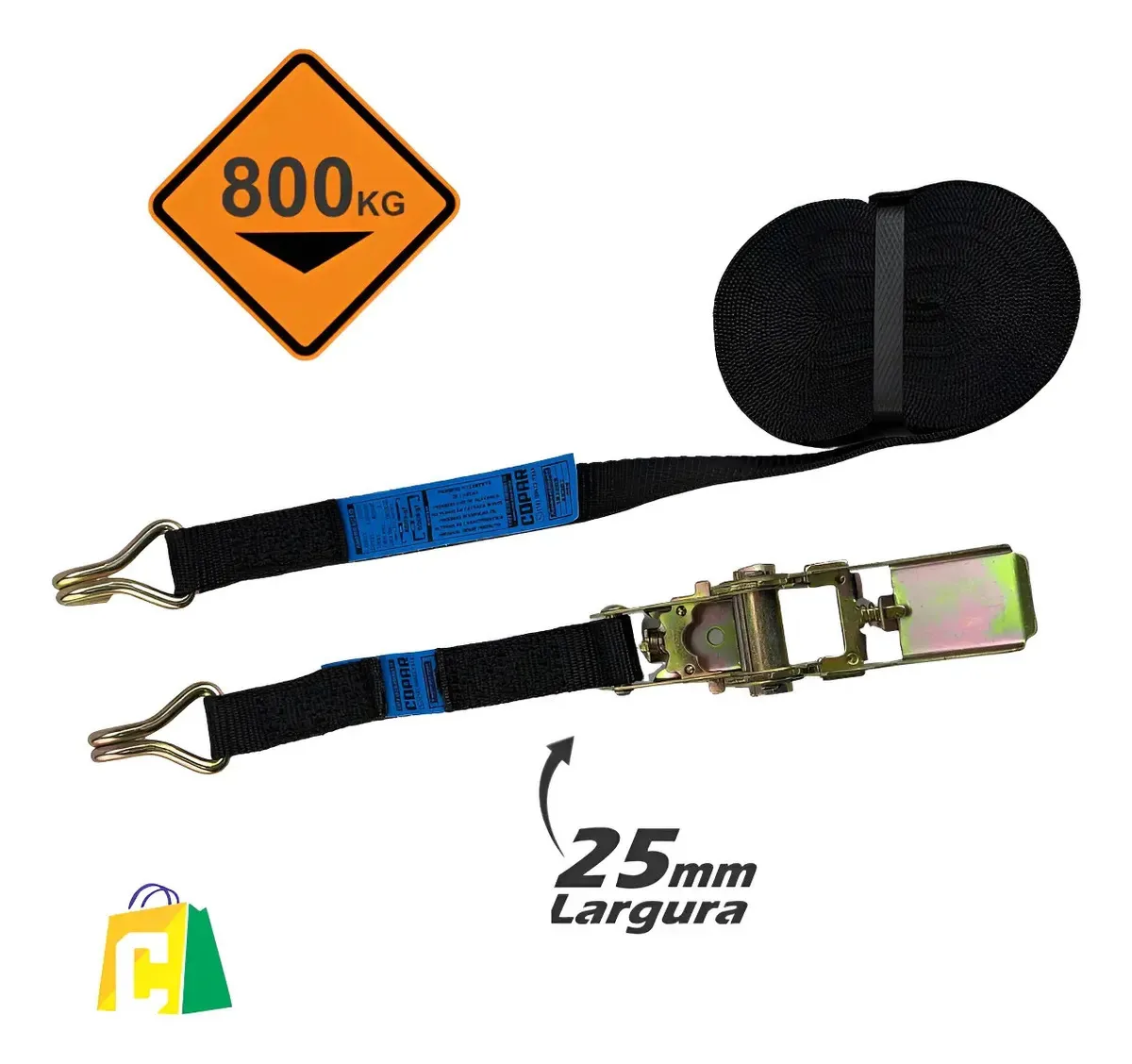 Conjunto Amarração Cargas 800kg 6m Cinta 25mm Gancho J