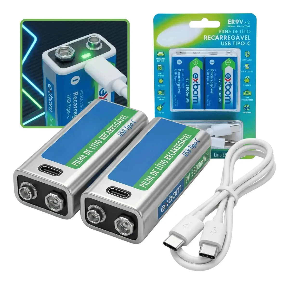 Pack 2 Baterias Recarregáveis 9V de Lítio Com USB-C Para Multímetro e Microfone