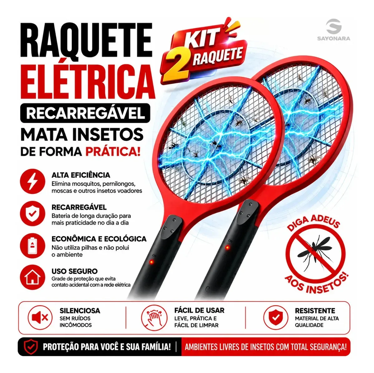 Kit 2 Raquete Mata Mosca Elétrica Bateria Recarregável Portátil Pega Mosquitos Pernilongos Matar Insetos Cores Sortidas Marca Sayonara