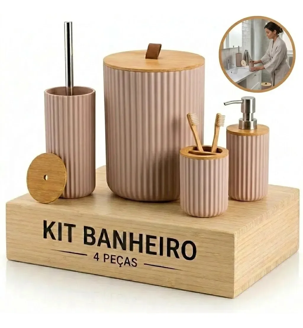 Kit Acessórios Para Banheiro Bege Com Bambu 4 Peças
