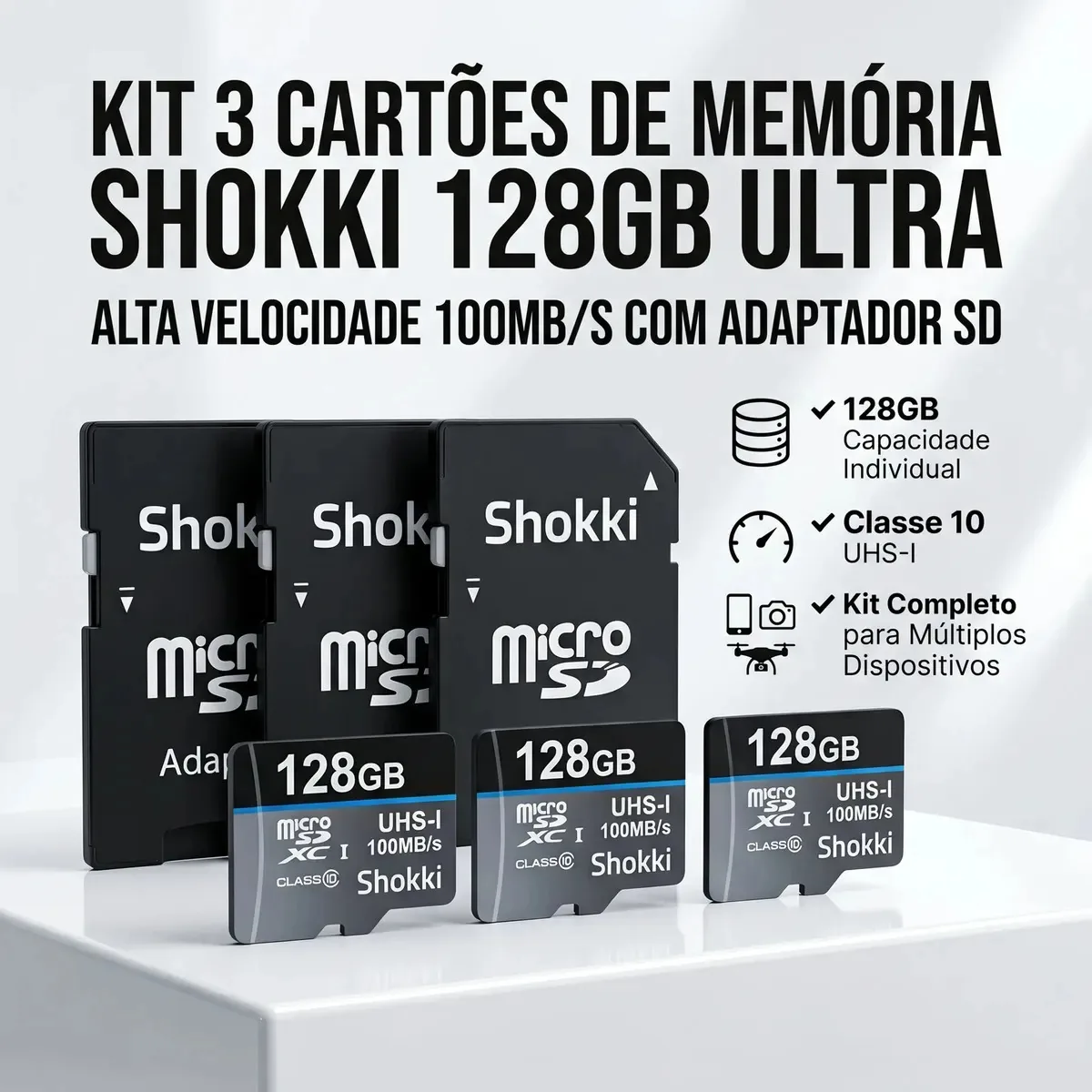 Pack 3 Cartões de Memória Micro SD 128 GB Classe 10 SHOKKI com Adaptador