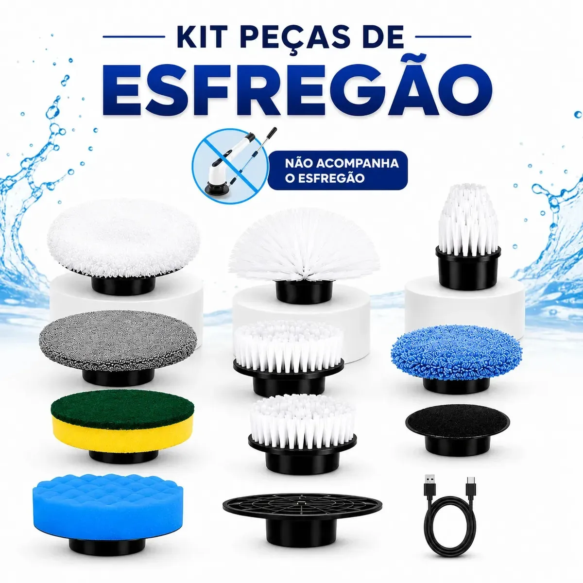 Kit Acessórios Para Escova Elétrica De Limpeza Com Escovas Esponjas Discos Cabo USB Ideal Para Troca De Bocas Após Gastas Uso Em Banheiro Cozinha Piso Vidro Azulejo Pia Box Reposição Completa Multiuso
