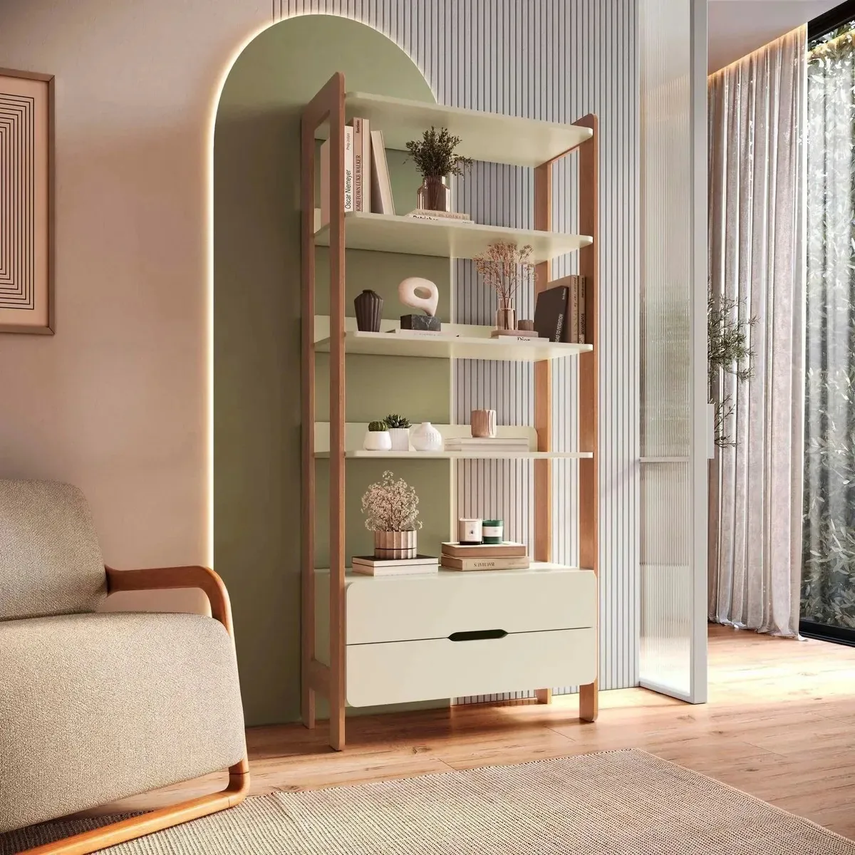 Estante Para Livros 100% Mdf Com 2 Gavetas E 4 Prateleiras Off White/ Castanho