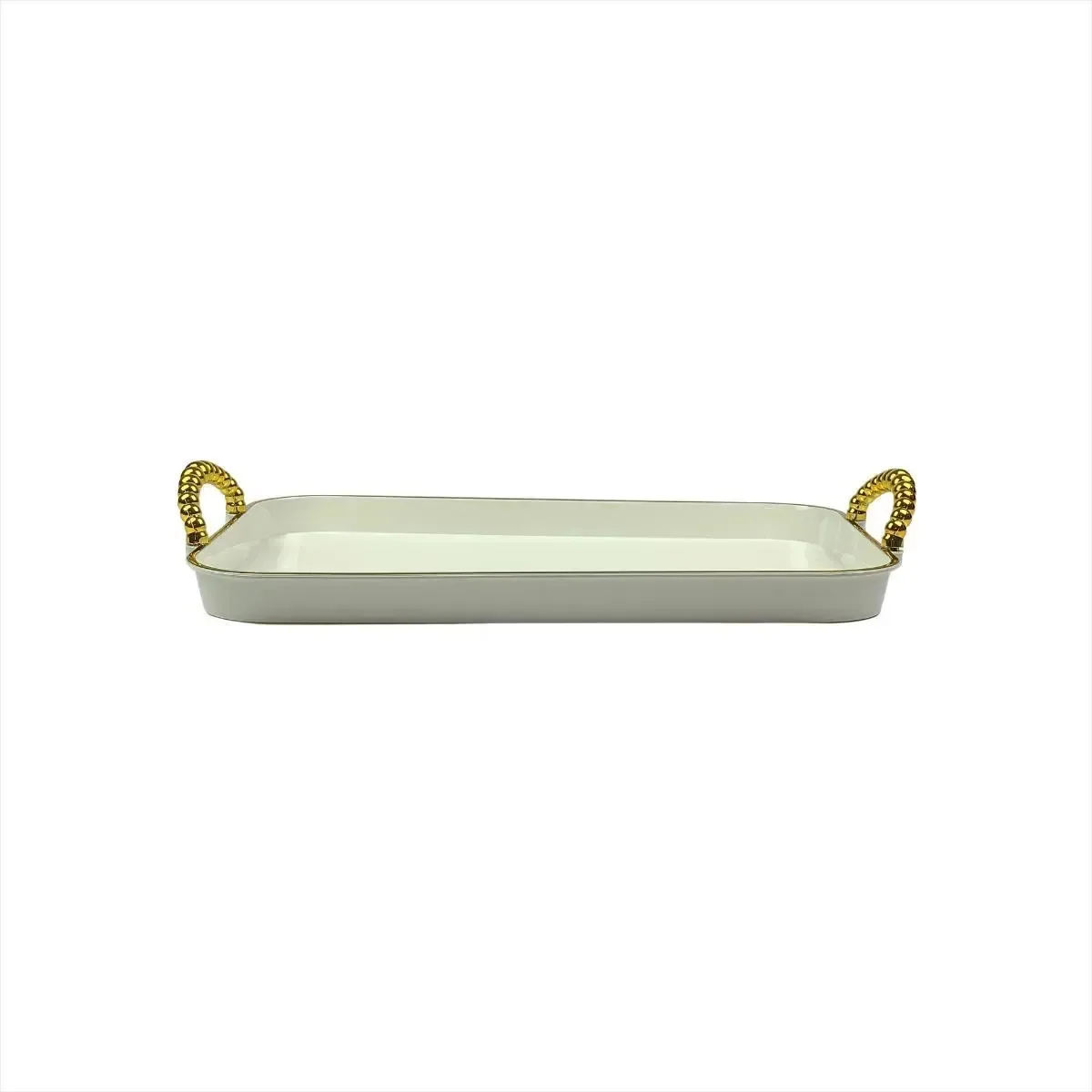 Bandeja Decorativa Branca Alças Dourada Retangular Cozinha