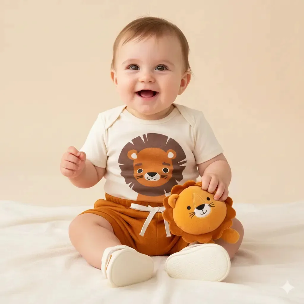 Kit Bebê Fofo 3 Body Shorts E Sandália Bichinho Cor Leão Tamanho 0-3m