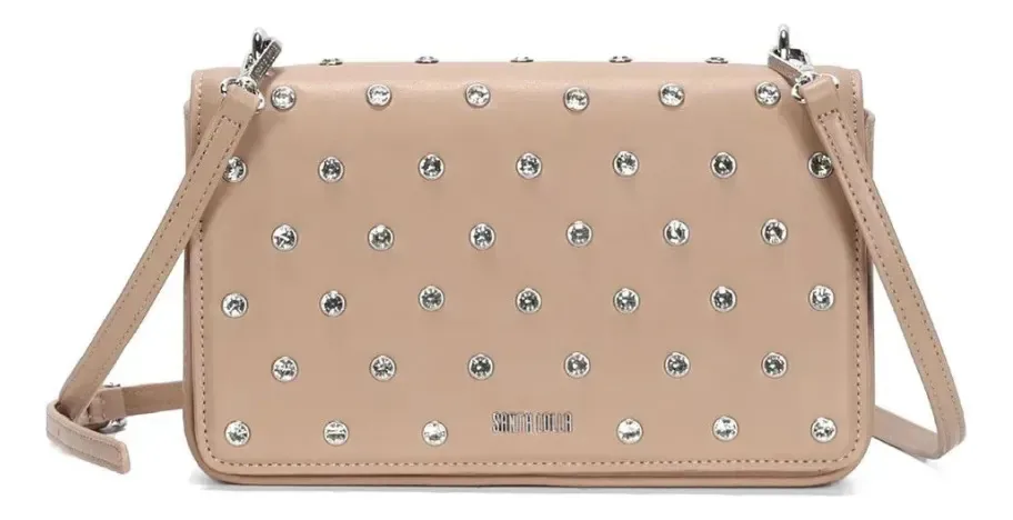 Bolsa Pequena Soft Strass Alça Transversa | Santa Lolla Bege Com Strass Prata
