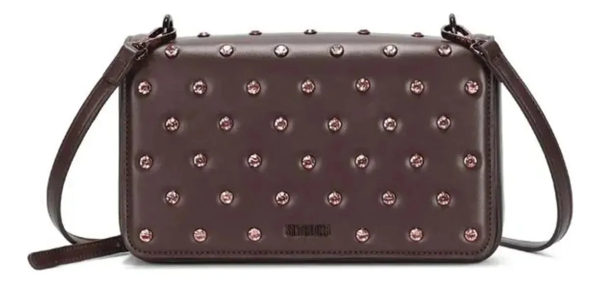Bolsa Pequena Soft Strass Alça Transversal | Santa Lolla Marrom Strass Prata